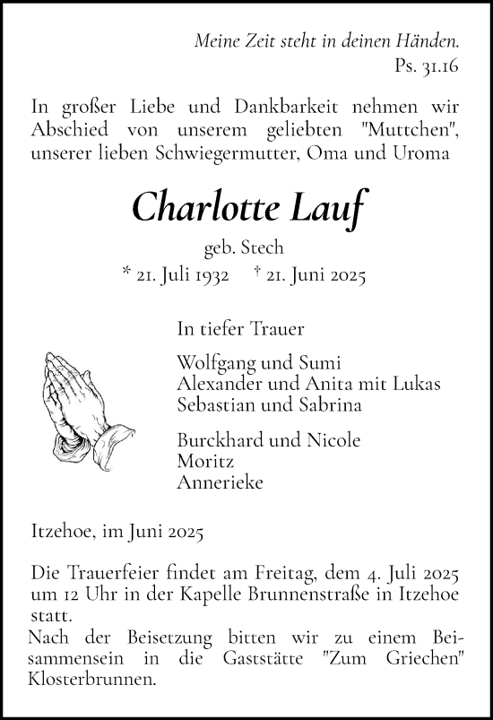 Traueranzeige von Charlotte Lauf von Norddeutsche Rundschau, Wilstersche Zeitung, Glückstädter Fortuna