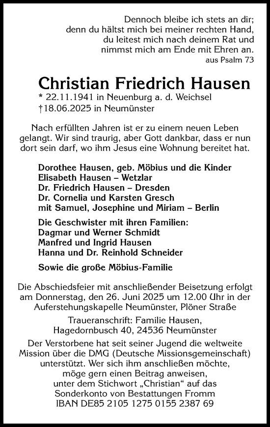 Traueranzeige von Christian Friedrich Hausen von Holsteinischer Courier