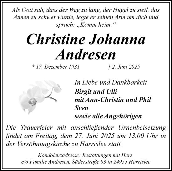 Traueranzeige von Christine Johanna Andresen von Flensburger Tageblatt