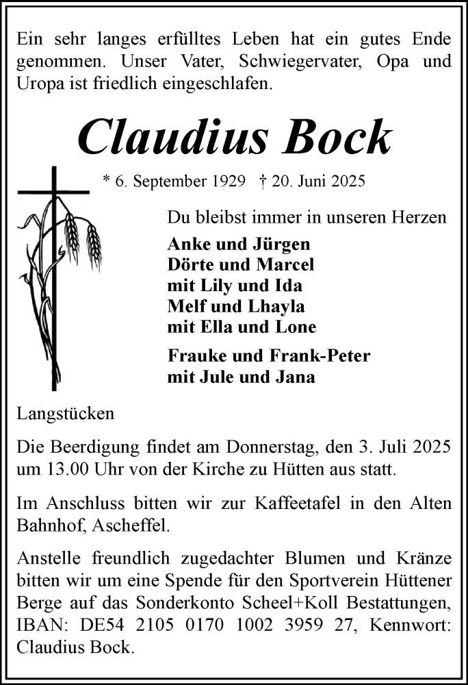  Traueranzeige für Claudius Bock vom 28.06.2025 aus Eckernförder Zeitung, Hallo Eckernförde