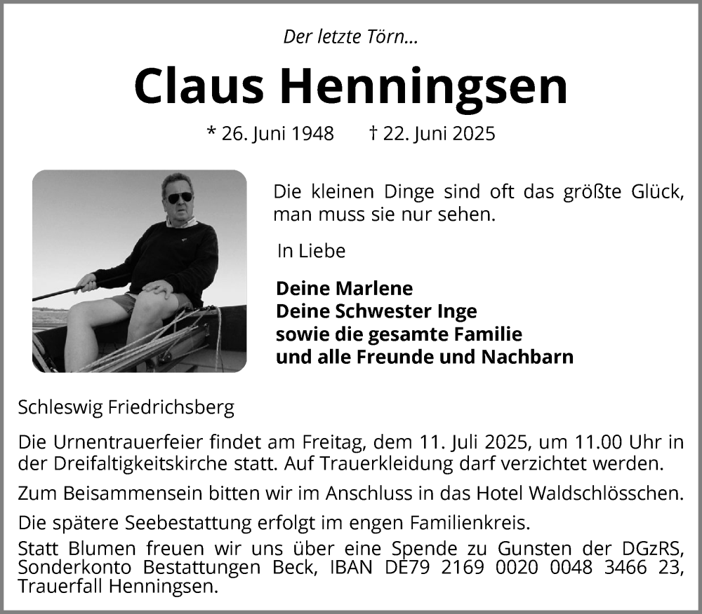  Traueranzeige für Claus Henningsen vom 28.06.2025 aus Schleswiger Nachrichten, Schlei-Bote