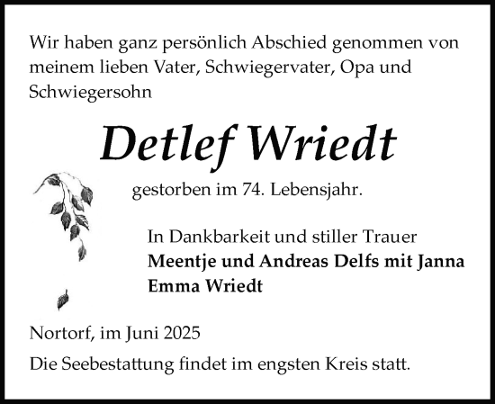 Traueranzeige von Detlef Wriedt von Schleswig-Holsteinische Landeszeitung