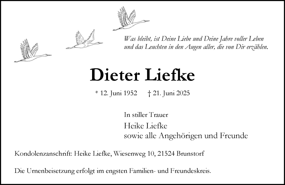  Traueranzeige für Dieter Liefke vom 28.06.2025 aus Wochenend Anzeiger