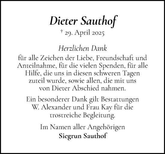 Traueranzeige von Dieter Sauthof von Norddeutsche Rundschau, Wilstersche Zeitung, Glückstädter Fortuna
