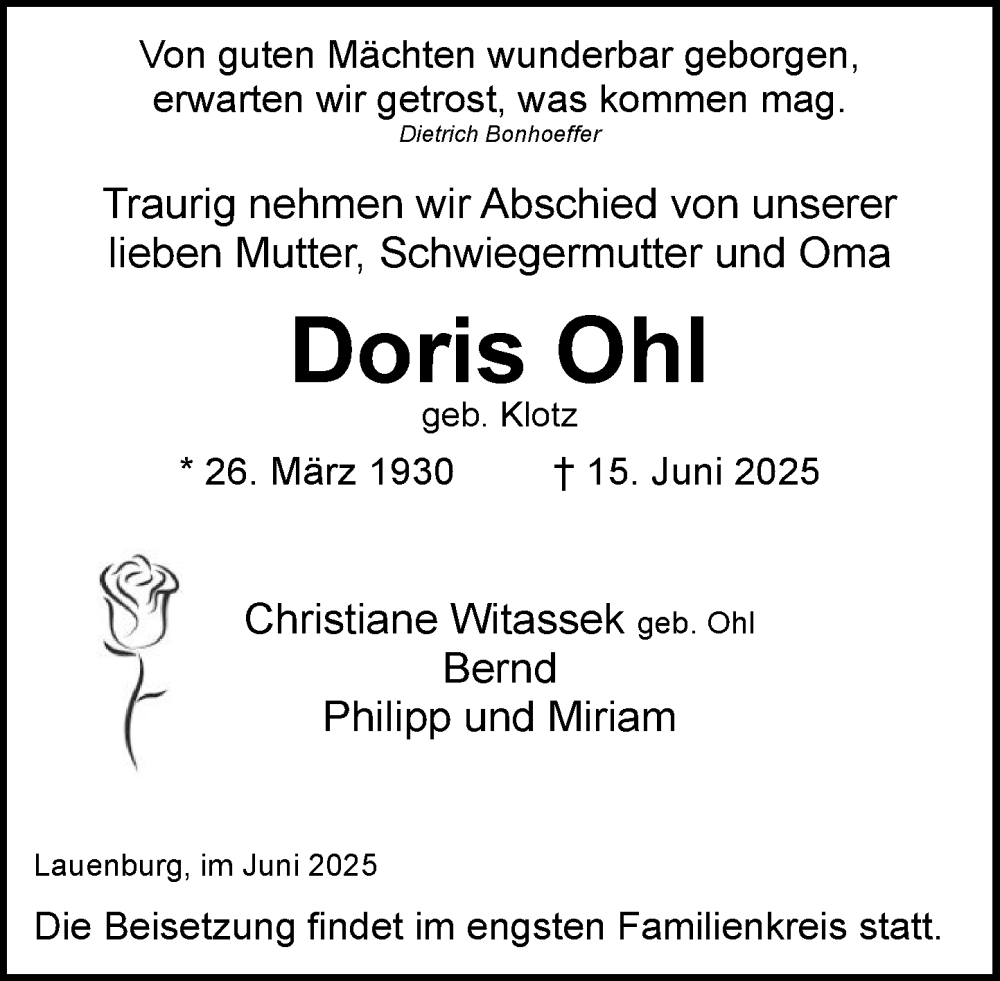  Traueranzeige für Doris Ohl vom 28.06.2025 aus Wochenend Anzeiger