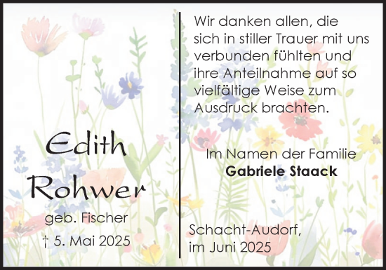 Traueranzeige von Edith Rohwer von Schleswig-Holsteinische Landeszeitung