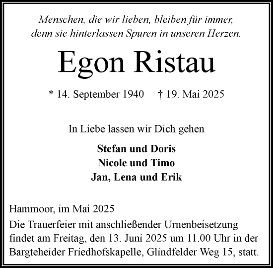 Traueranzeige von Egon Ristau von MARKT Ahrensburg/Bargteheide/Trittau und Stormarner Tageblatt