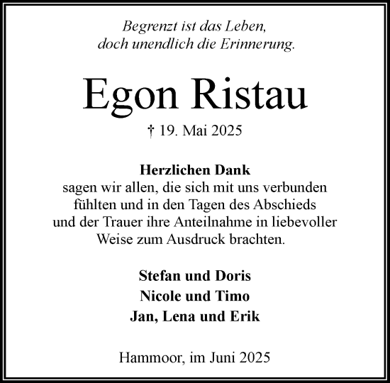 Traueranzeige von Egon Ristau von MARKT Ahrensburg/Bargteheide/Trittau und Stormarner Tageblatt