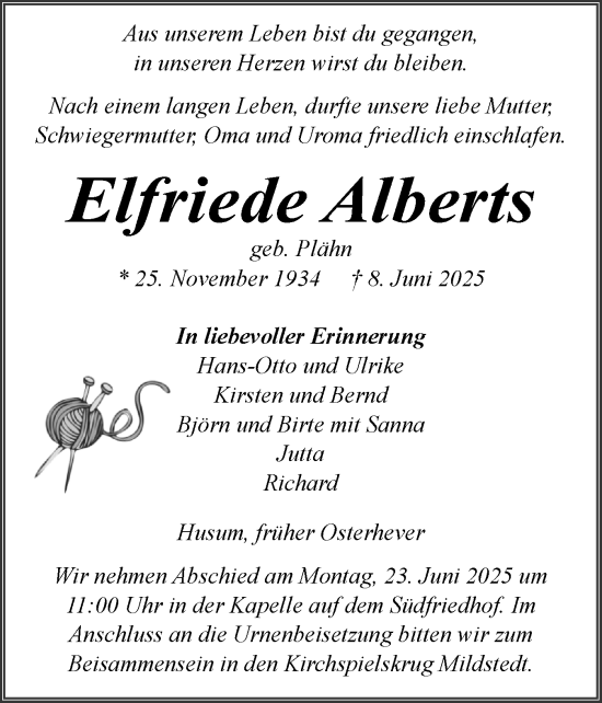 Traueranzeige von Elfriede Alberts von Husumer Nachrichten, Nordfriesland Tageblatt