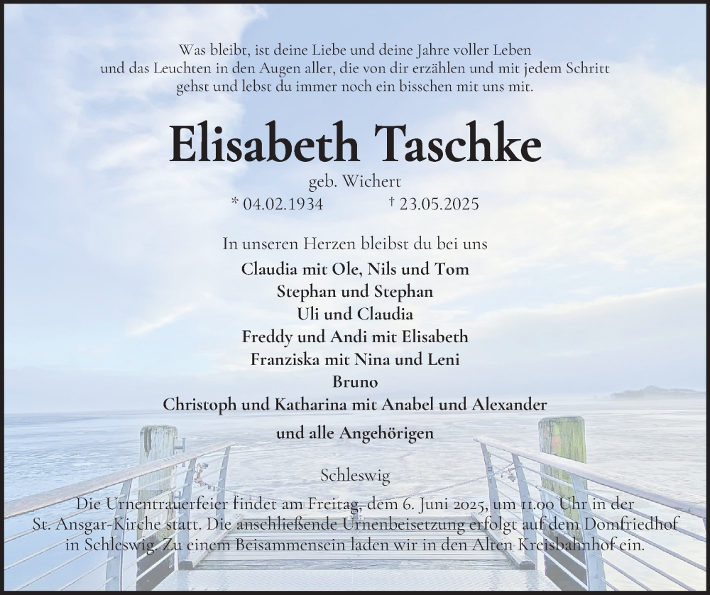  Traueranzeige für Elisabeth Taschke vom 31.05.2025 aus Schleswiger Nachrichten, Schlei-Bote