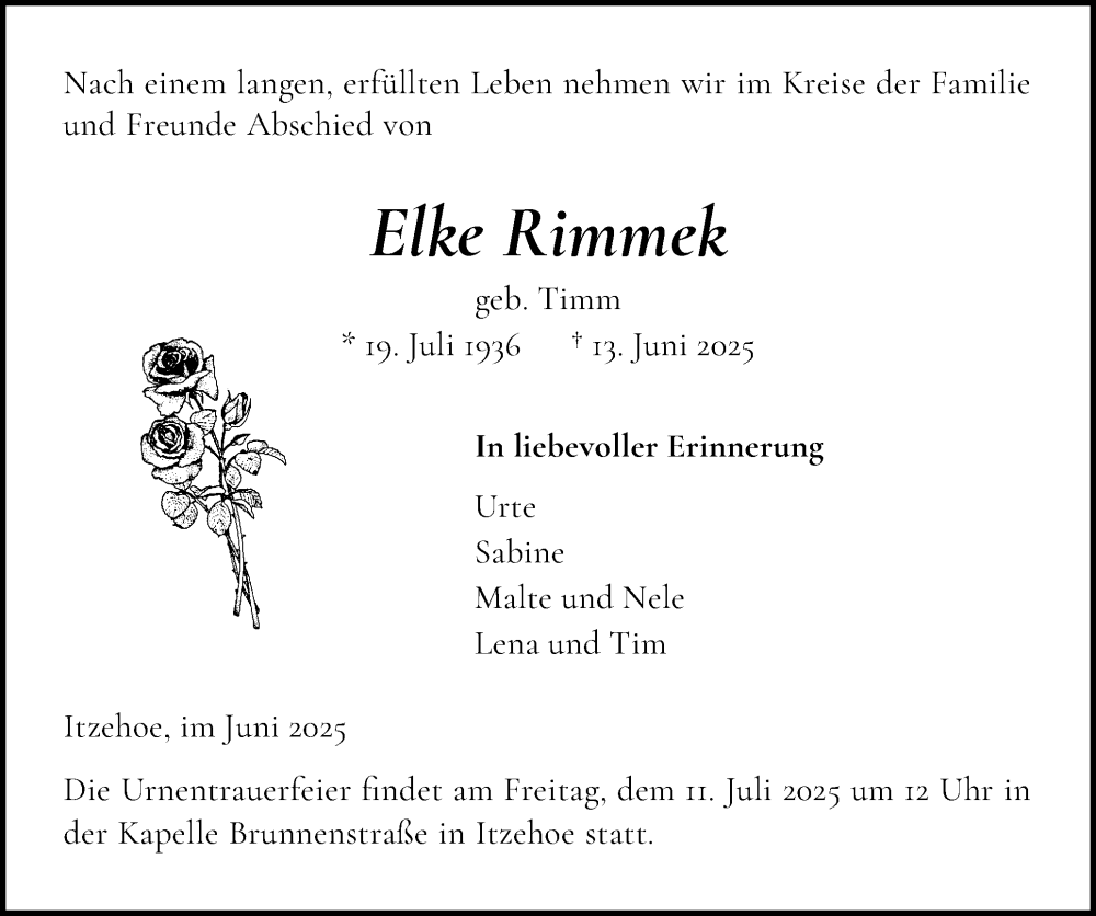  Traueranzeige für Elke Rimmek vom 28.06.2025 aus Norddeutsche Rundschau, Wilstersche Zeitung, Glückstädter Fortuna