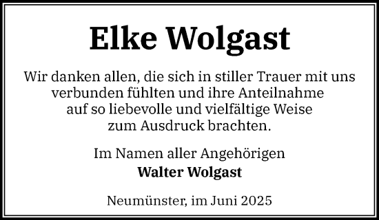 Traueranzeige von Elke Wolgast von Holsteinischer Courier