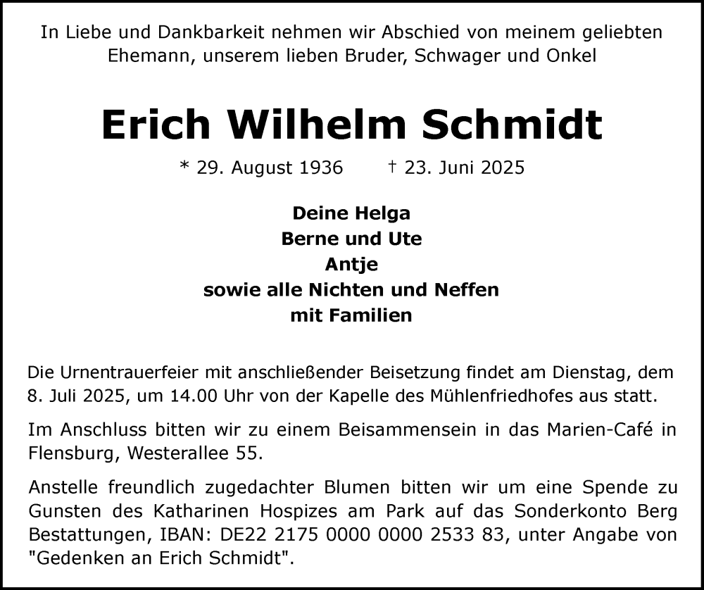  Traueranzeige für Erich Wilhelm Schmidt vom 28.06.2025 aus Region Flensburg