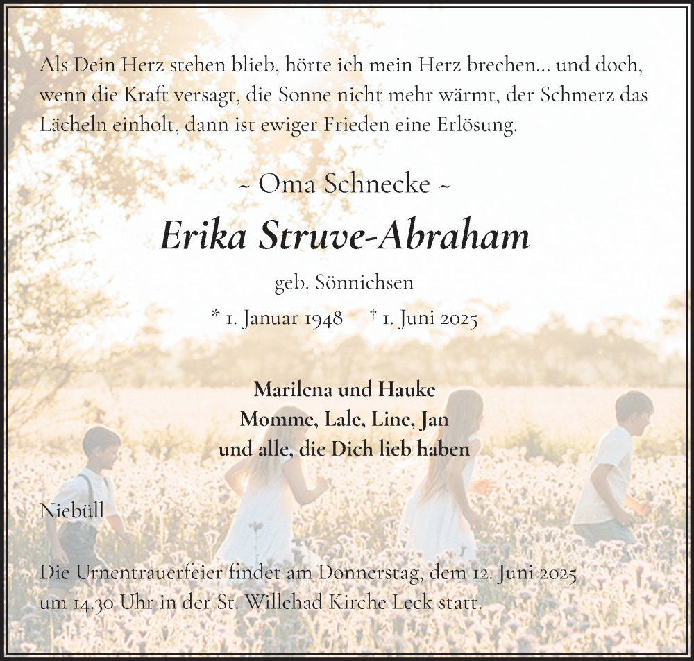  Traueranzeige für Erika Struve-Abraham vom 06.06.2025 aus Husumer Nachrichten, Nordfriesland Tageblatt