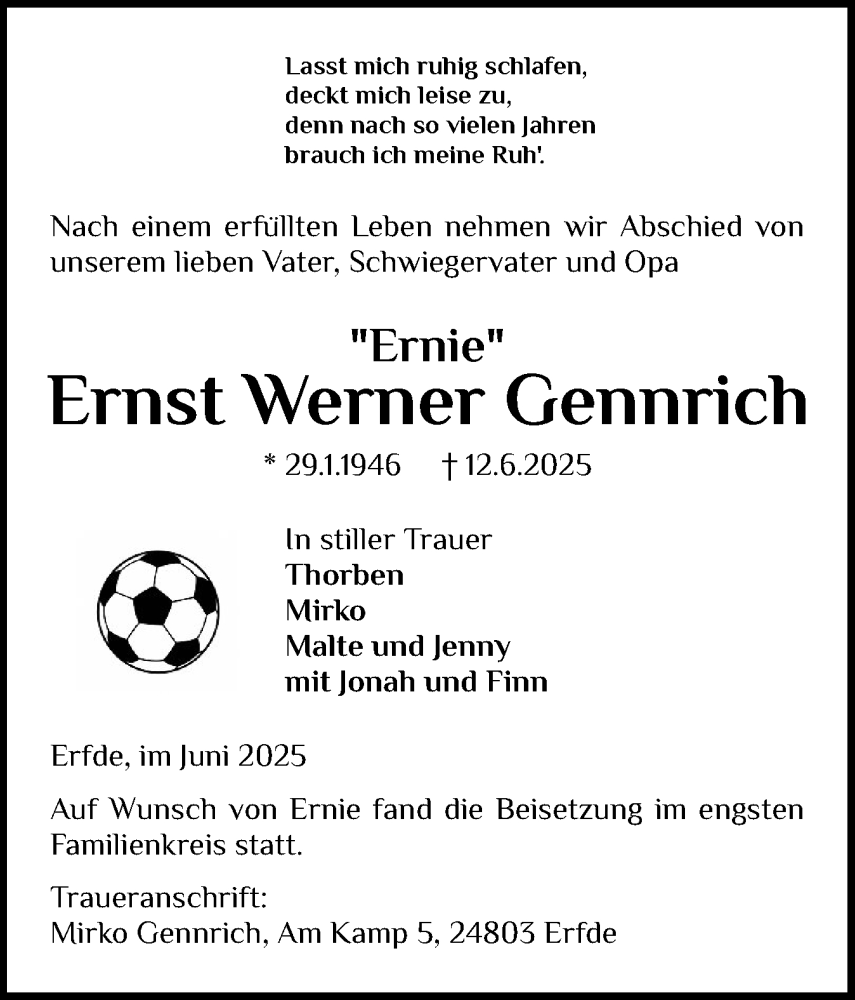  Traueranzeige für Ernst Werner Gennrich vom 30.06.2025 aus Schleswig-Holsteinische Landeszeitung