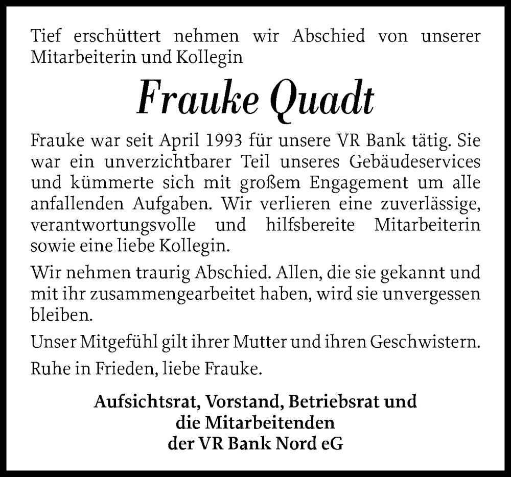  Traueranzeige für Frauke Quadt vom 07.06.2025 aus Region Flensburg