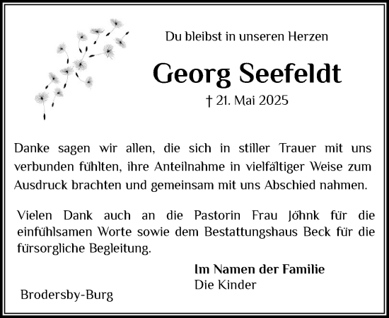 Traueranzeige von Georg Seefeldt von Schleswiger Nachrichten, Schlei-Bote