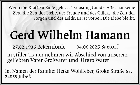 Traueranzeige von Gerd Wilhelm Hamann von Eckernförder Zeitung, Hallo Eckernförde