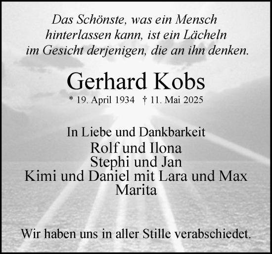 Traueranzeige von Gerhard Kobs von Uetersener Nachrichten, Der tip am Wochenende