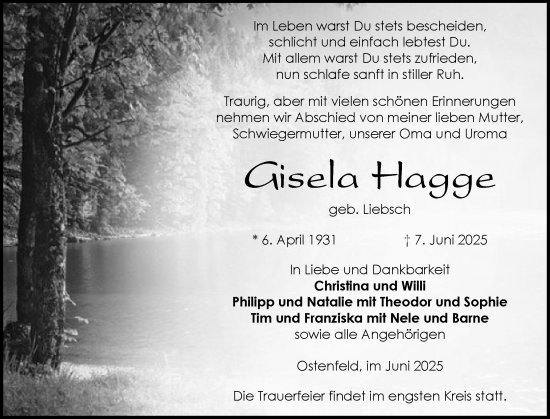 Traueranzeige von Gisela Hagge von Schleswig-Holsteinische Landeszeitung