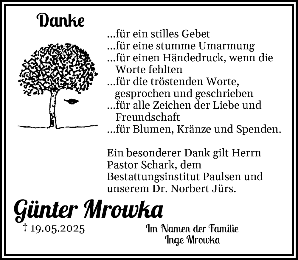 Traueranzeige für Günter Mrowka vom 21.06.2025 aus MARKT Bad Oldesloe/Reinfeld und Stormarner Tageblatt