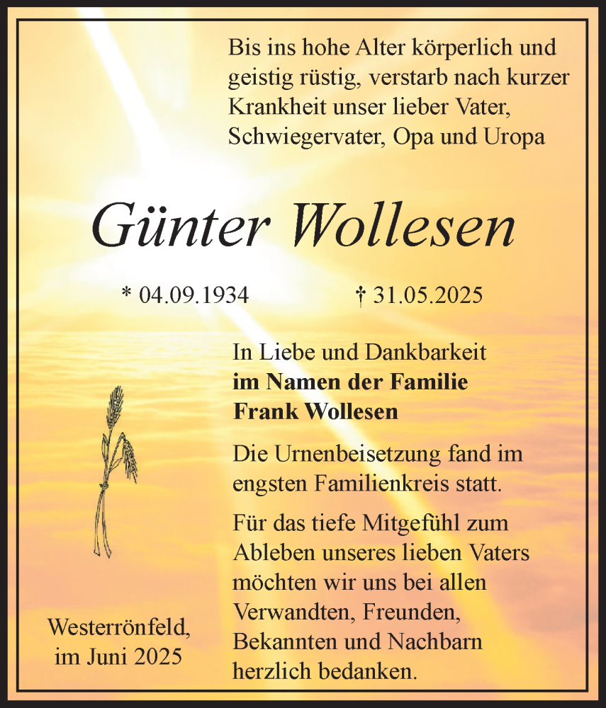  Traueranzeige für Günter Wollesen vom 28.06.2025 aus Schleswig-Holsteinische Landeszeitung