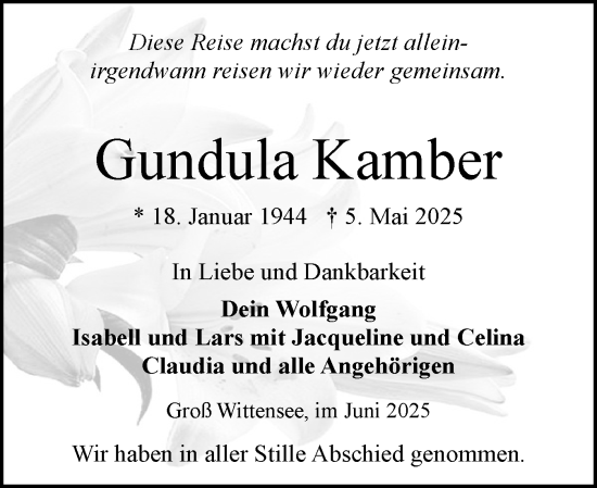Traueranzeige von Gundula Kamber von Schleswig-Holsteinische Landeszeitung