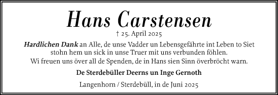 Traueranzeige von Hans Carstensen von Husumer Nachrichten, Nordfriesland Tageblatt