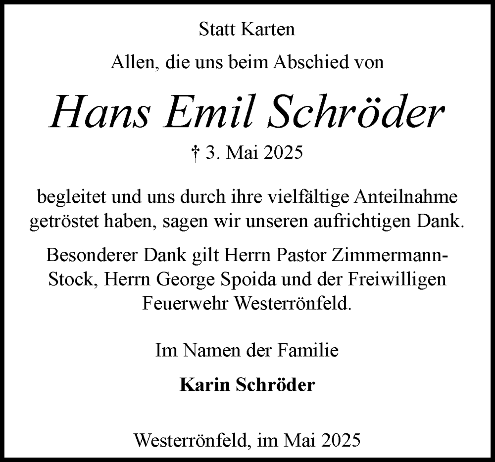  Traueranzeige für Hans Emil Schröder vom 31.05.2025 aus Schleswig-Holsteinische Landeszeitung