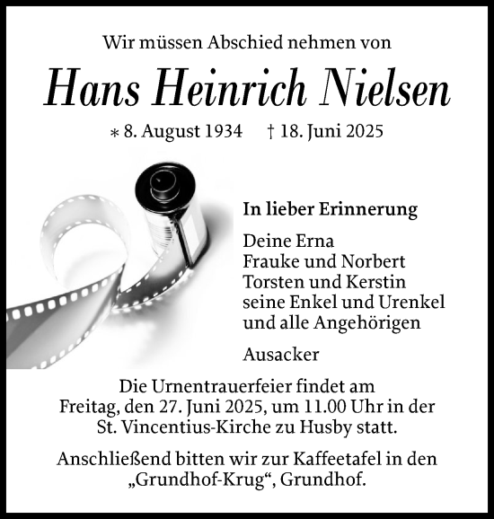 Traueranzeige von Hans Heinrich Nielsen von Flensburger Tageblatt