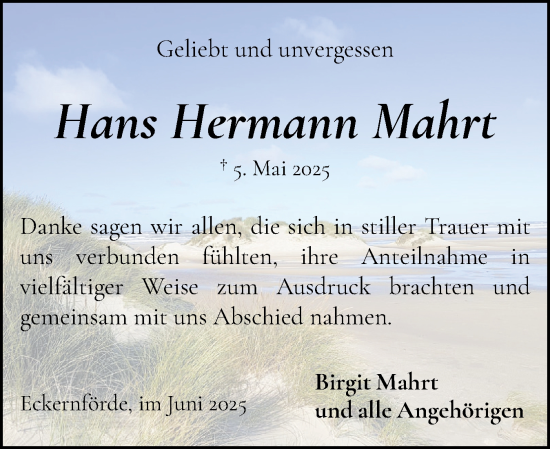 Traueranzeige von Hans Hermann Mahrt von Eckernförder Zeitung, Hallo Eckernförde