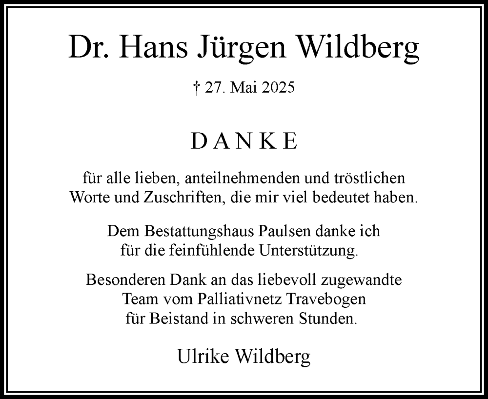  Traueranzeige für Hans Jürgen Wildberg vom 28.06.2025 aus MARKT Bad Oldesloe/Reinfeld und Stormarner Tageblatt