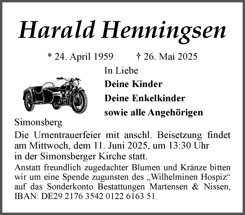  Traueranzeige für Harald Henningsen vom 07.06.2025 aus Husumer Nachrichten, Nordfriesland Tageblatt