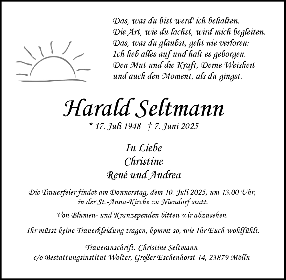  Traueranzeige für Harald Seltmann vom 28.06.2025 aus MARKT Ratzeburg/Mölln
