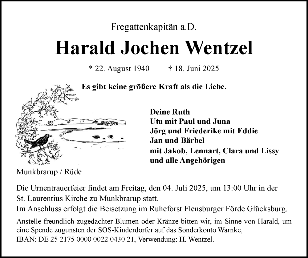  Traueranzeige für Harald Jochen Wentzel vom 28.06.2025 aus Flensburger Tageblatt