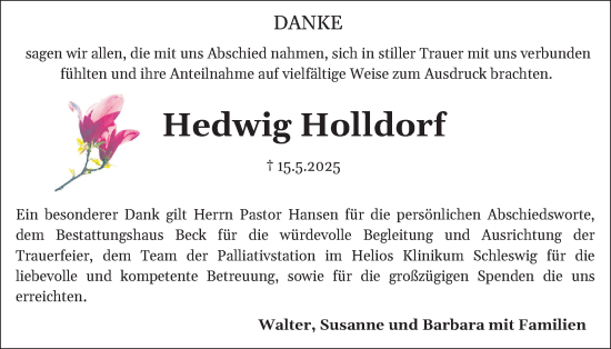 Traueranzeige von Hedwig Holldorf von Schleswiger Nachrichten, Schlei-Bote