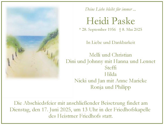 Traueranzeige von Heidi Paske von Uetersener Nachrichten, Der tip am Wochenende