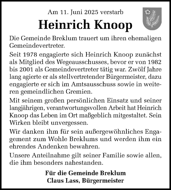Traueranzeige von Heinrich Knoop von Husumer Nachrichten, Nordfriesland Tageblatt