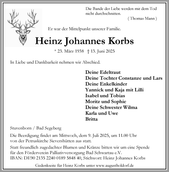 Traueranzeige von Heinz Johannes Korbs von Umschau