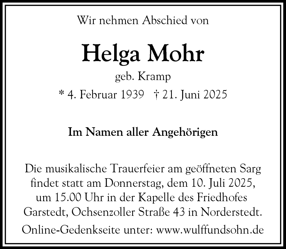 Traueranzeige für Helga Mohr vom 28.06.2025 aus Heimatspiegel