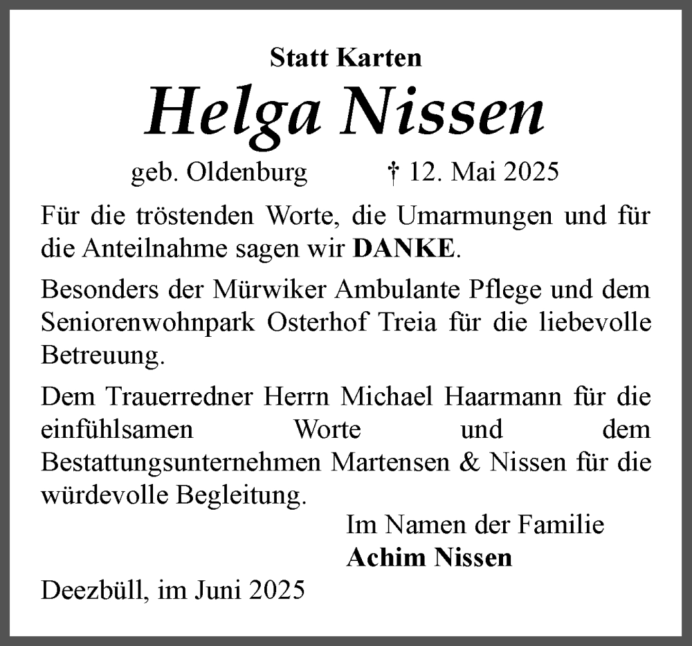  Traueranzeige für Helga Nissen vom 07.06.2025 aus Husumer Nachrichten, Nordfriesland Tageblatt