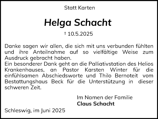 Traueranzeige von Helga Schacht von Schleswiger Nachrichten, Schlei-Bote