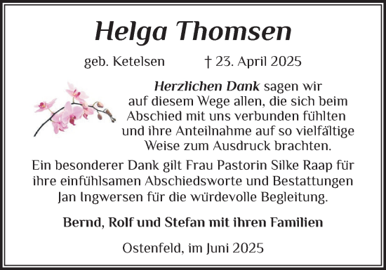 Traueranzeige von Helga Thomsen von Husumer Nachrichten, Nordfriesland Tageblatt