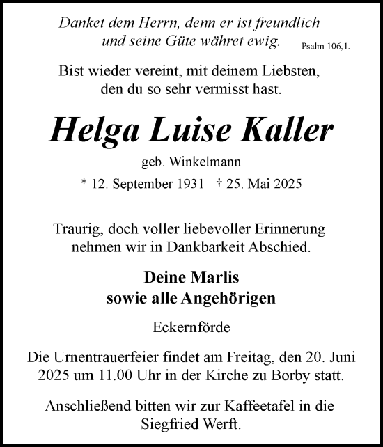 Traueranzeige von Helga Luise Kaller von Eckernförder Zeitung, Hallo Eckernförde
