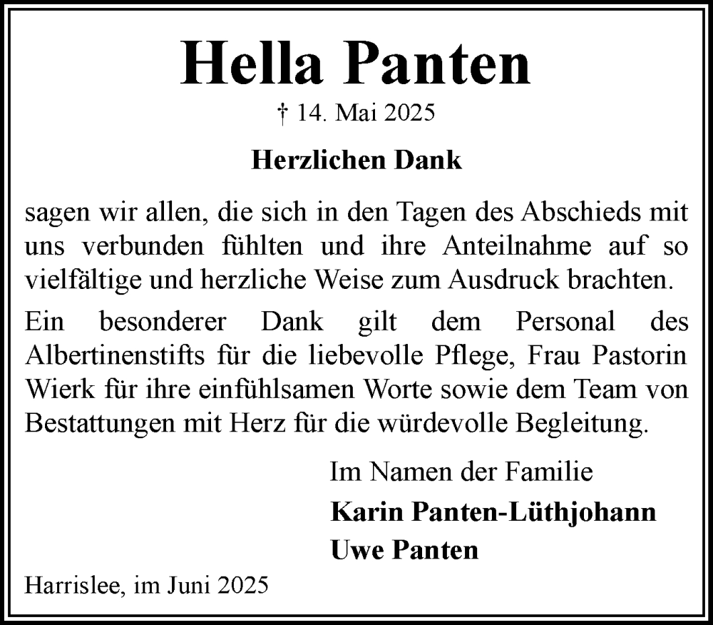  Traueranzeige für Hella Panten vom 28.06.2025 aus Region Flensburg