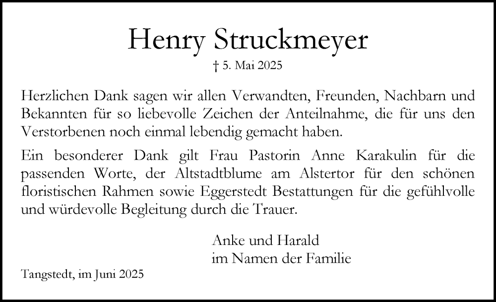  Traueranzeige für Henry Struckmeyer vom 14.06.2025 aus Region Pinneberg und tip Pinneberg
