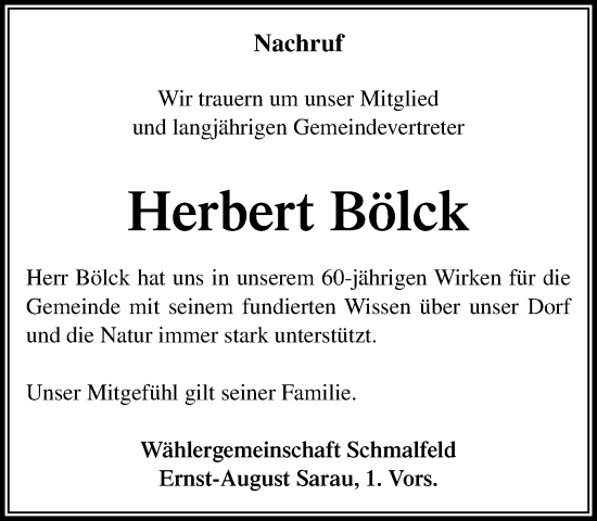 Traueranzeige von Herbert Bölck von Umschau