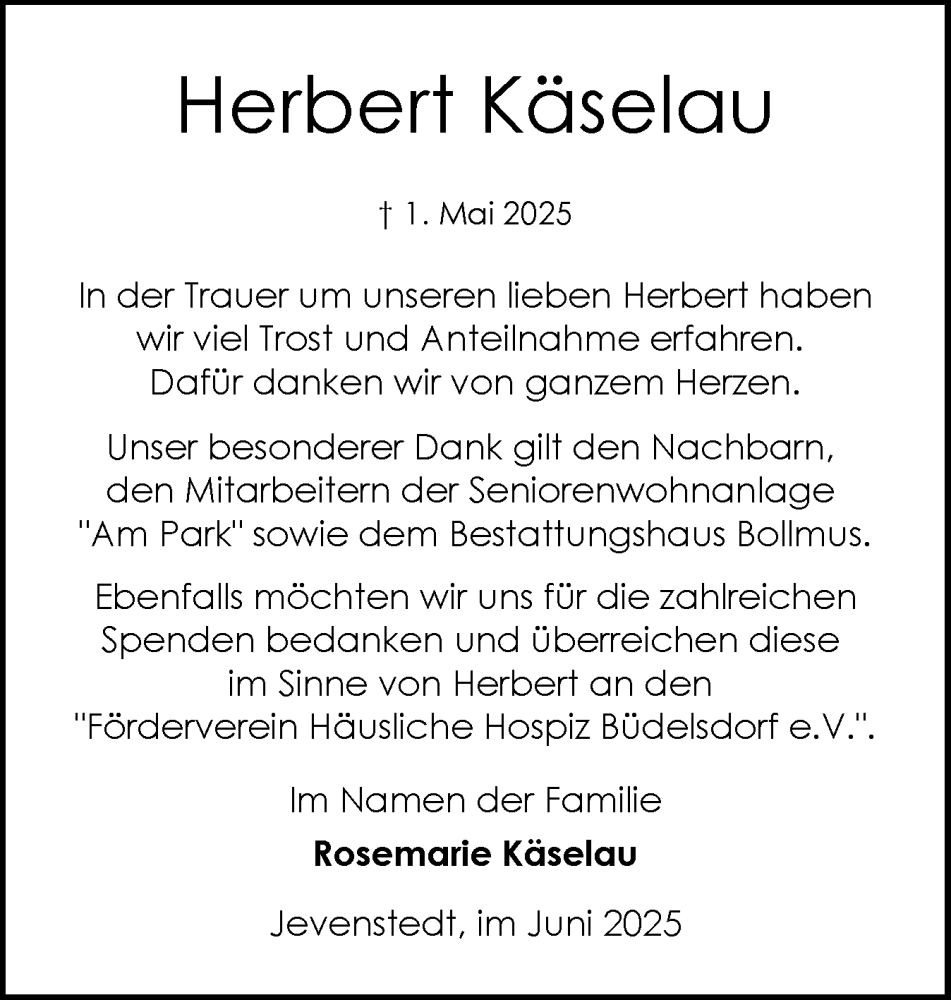  Traueranzeige für Herbert Käselau vom 14.06.2025 aus Schleswig-Holsteinische Landeszeitung