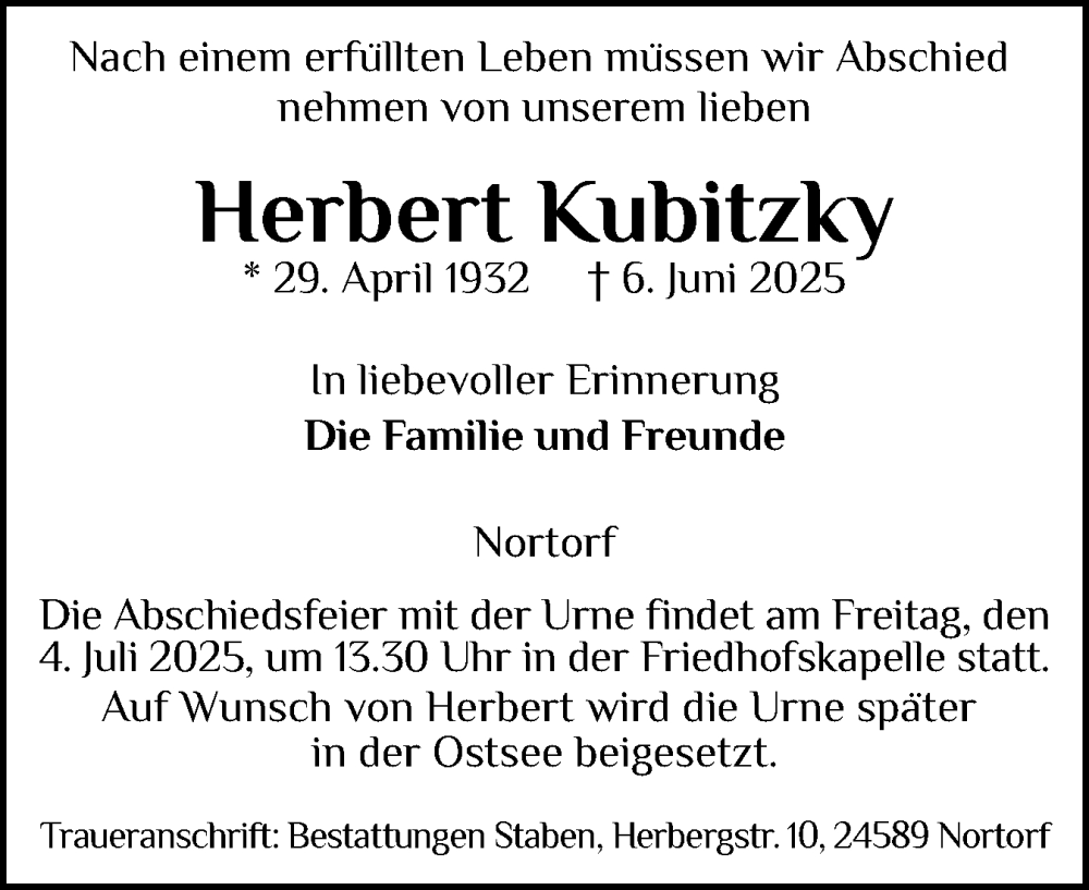 Traueranzeige für Herbert Kubitzky vom 28.06.2025 aus Schleswig-Holsteinische Landeszeitung