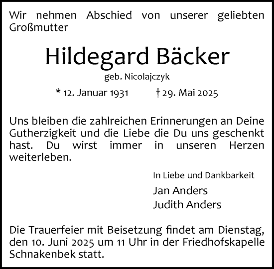 Traueranzeige von Hildegard Bäcker von Wochenend Anzeiger